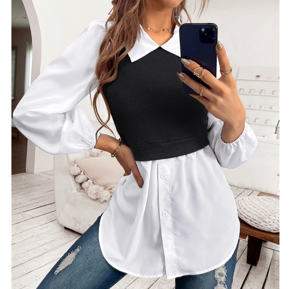 2 in 1 Black Knit Vest on White Button Down Shirt - Picture 1 of 10